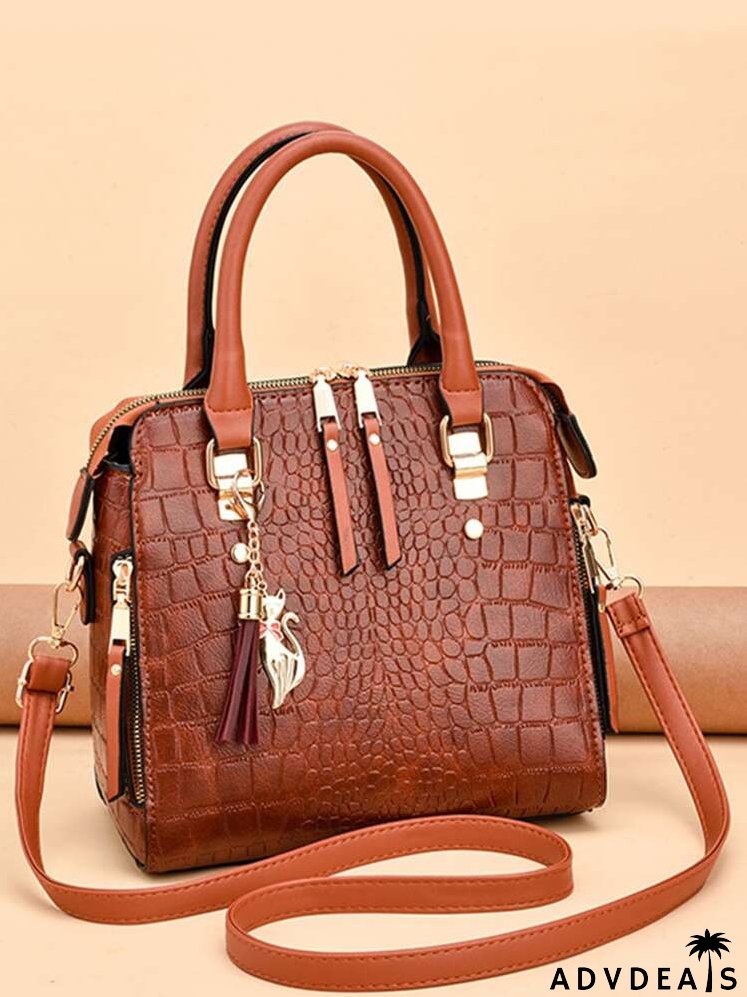 Crocodile Embossed Cat & Tassel Decor Square Bag