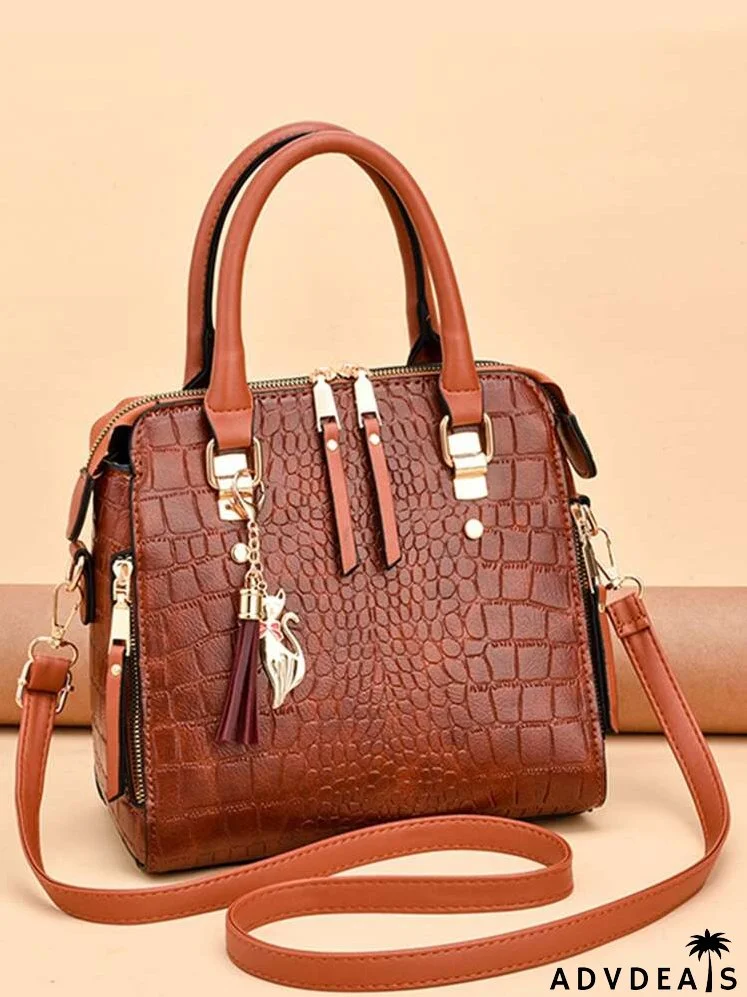 Crocodile Embossed Cat & Tassel Decor Square Bag