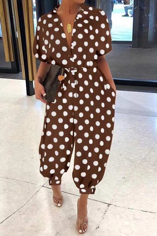 Comfortable Polka Dot Print Short Sleeve Single Breasted Plus Size Jumpsuits