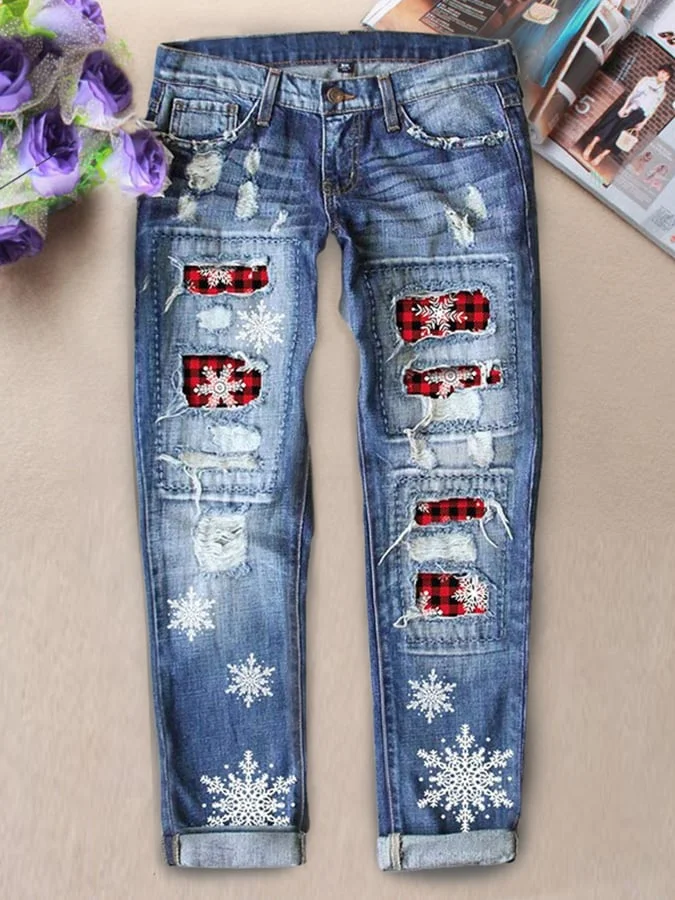 Women's Casual Loose Christmas Snowflakes Print Ripped Jeans