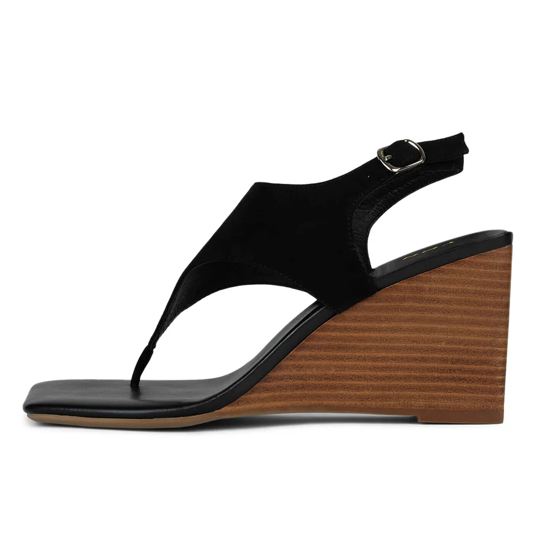 Black Vegan Leather Buckle Strappy Wedge Heel Sandals for Women