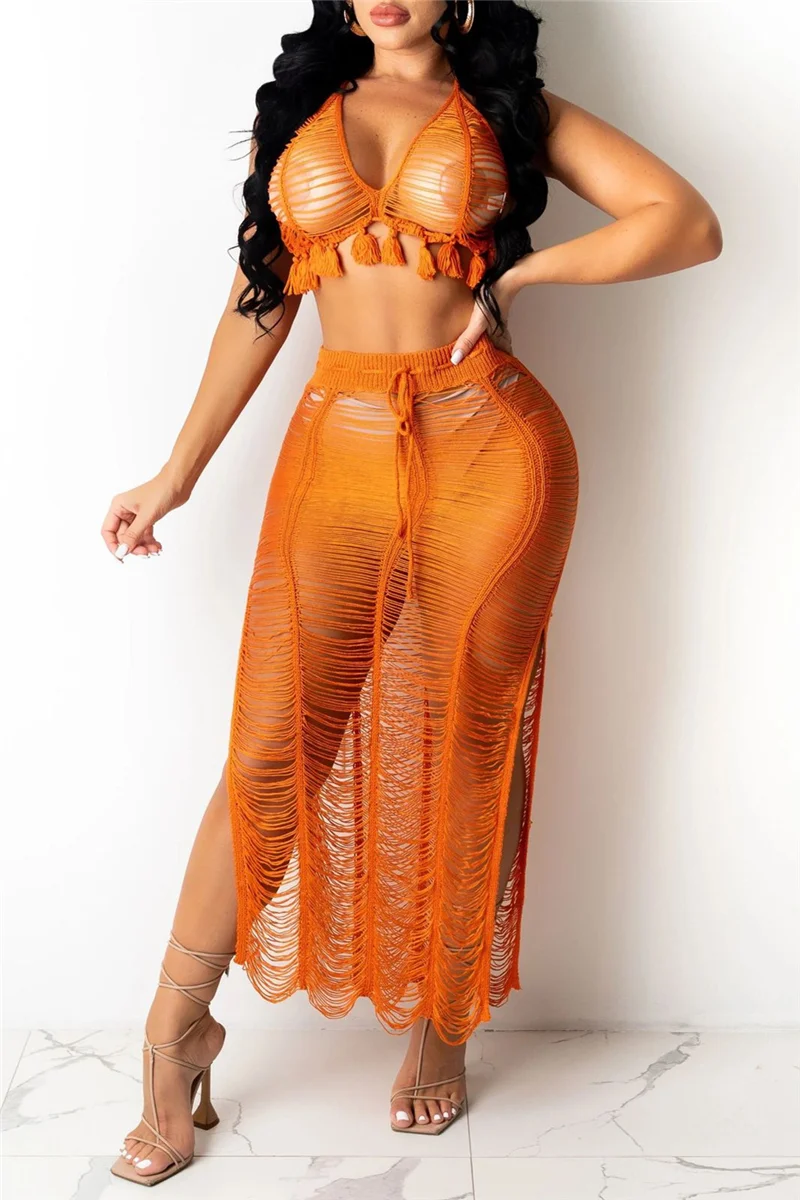 Orange Fashion Sexy Solid See-through Backless Halter Sleeveless Two Pieces | EGEMISS