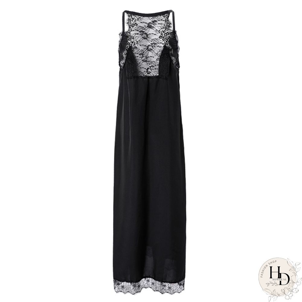 Women New Lace Backless Sling Long Dress Casual Harajuku Solid COlor Loose Slit Dress Sexy Lace Hem Patchwork Nightdress Vestido