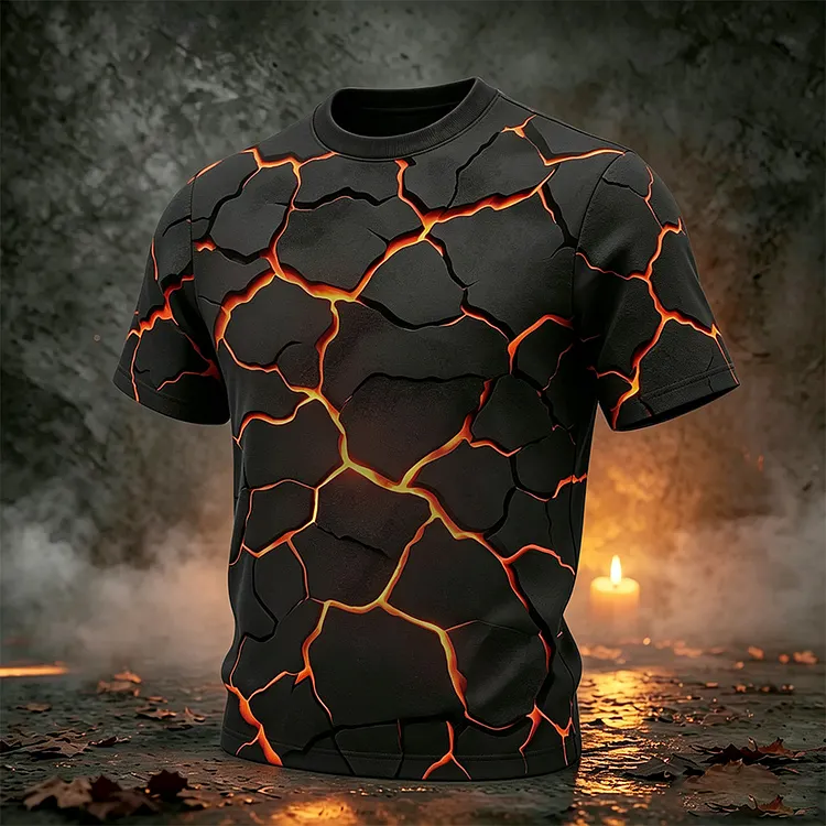 Men's Retro Halloween Flame Crack Print Casual T-shirt