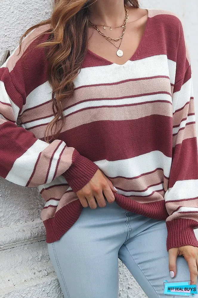 Winetr Outfits Colorblock Stripes V Neck Knitting Sweater