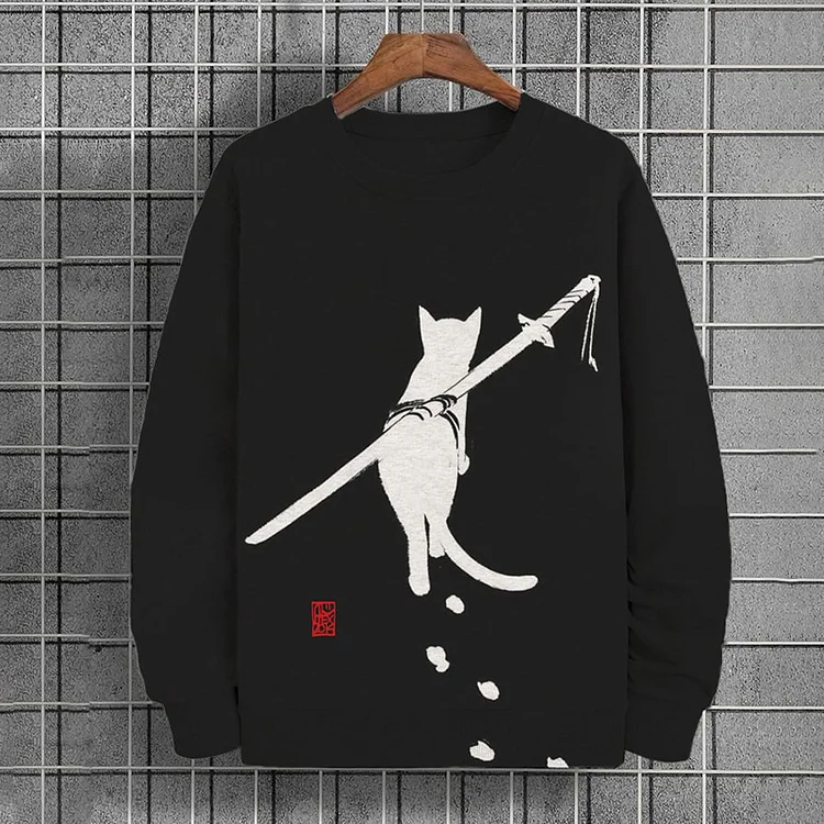 Men's Colorblock Japanese Samurai Cat Printed Casual Sweatshirt