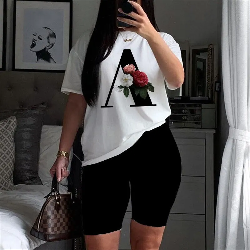 Women Two Piece Set Letter T Shirts And Shorts Sets Summer Short Sleeve O-neck Casual Biker Tracksuit Sexy Outfit For Woman 2
