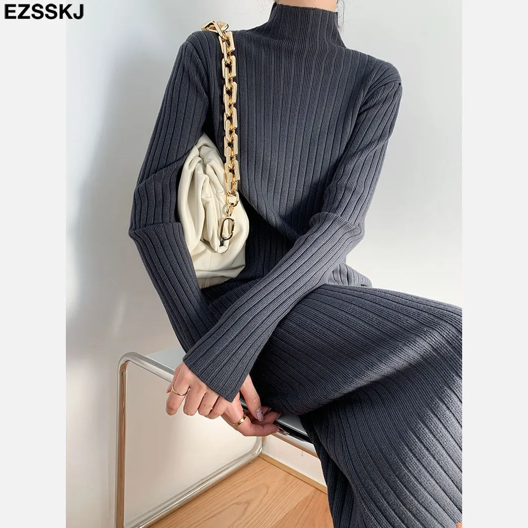 2021 autumn winter thick straight maxi sweater dress women high neck long sweater dress elegant female loose  sexy knit dress
