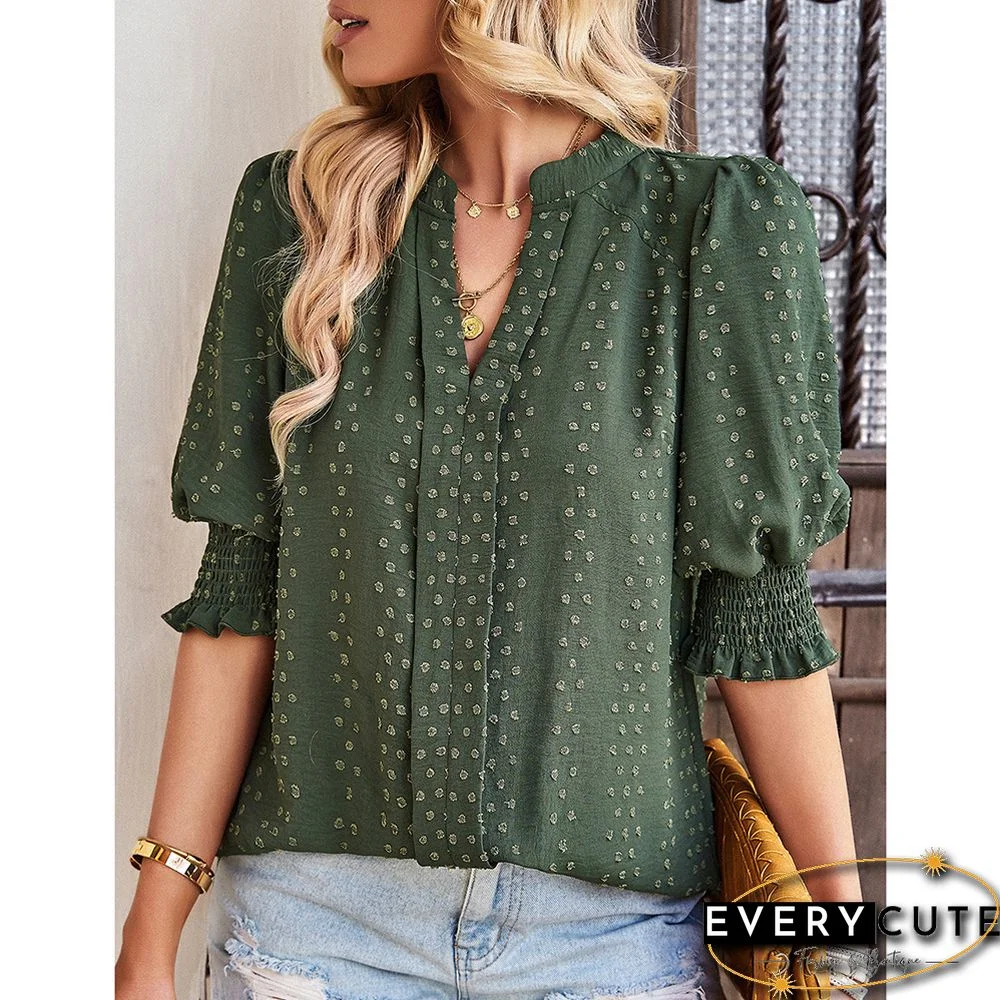 Green V Neck Jacquard Half Sleeve Blouse