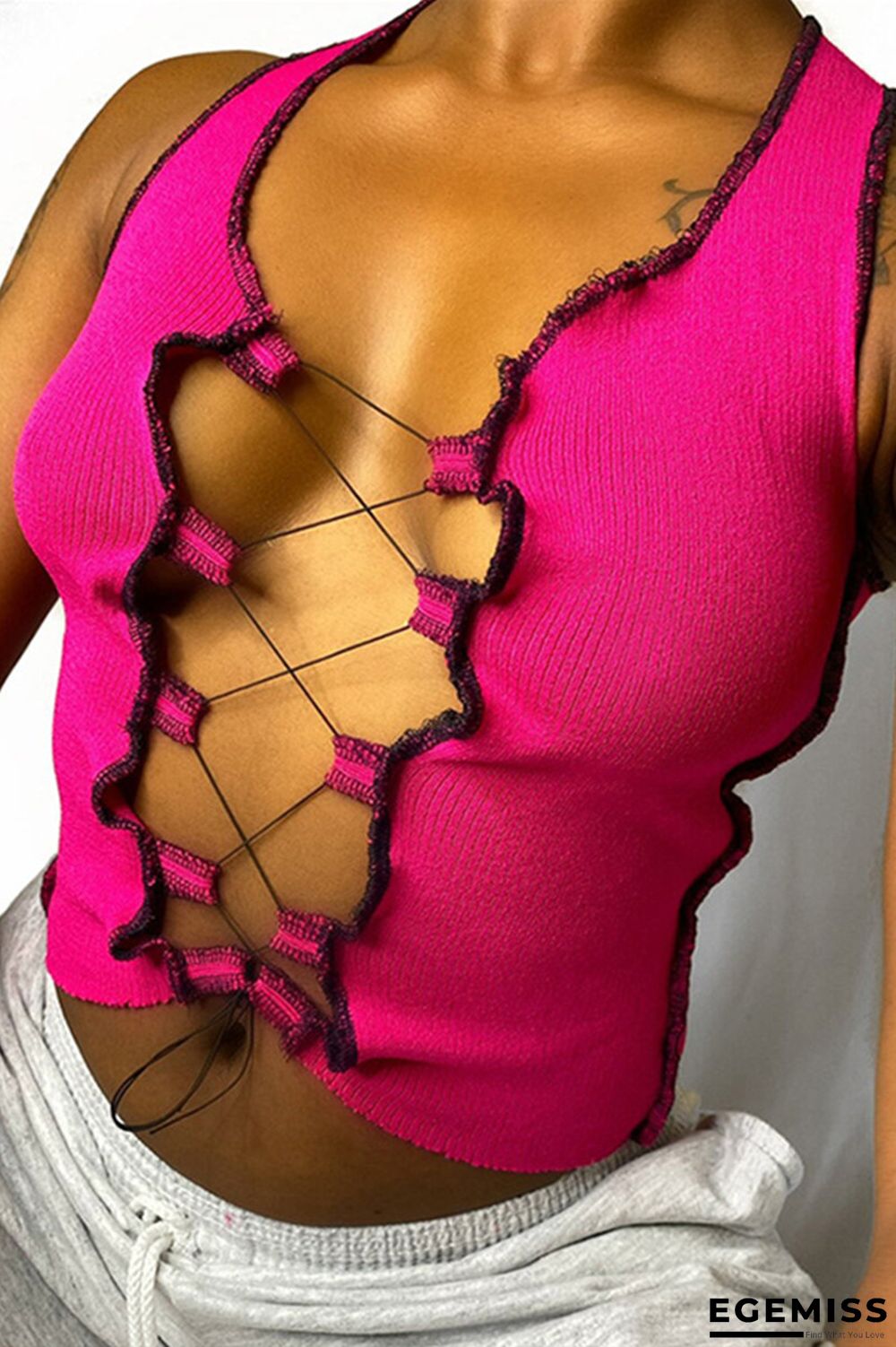 rose red V Neck Sleeveless Patchwork HOLLOWED OUT Tops | EGEMISS