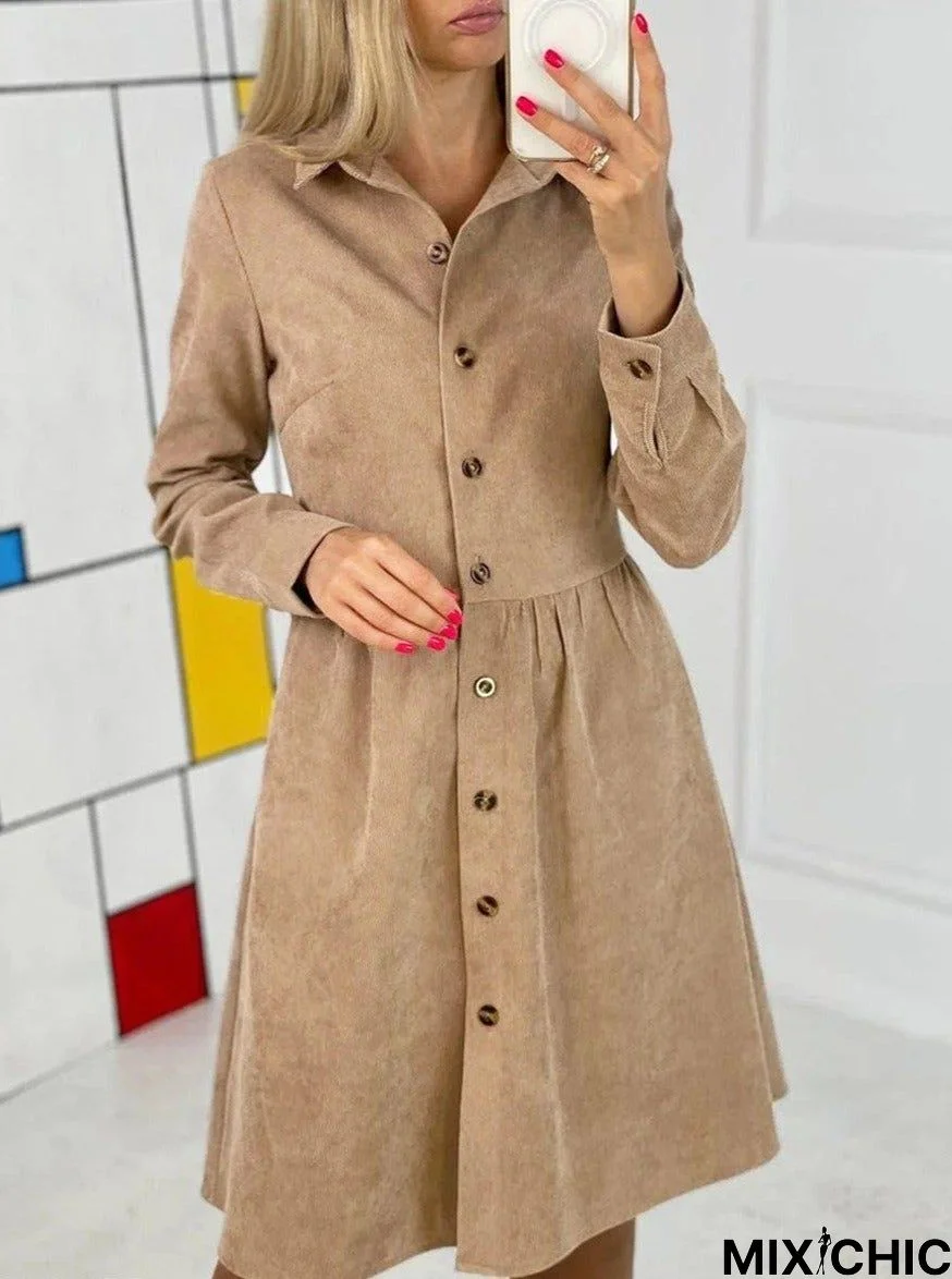 Autumn and Winter Long-Sleeved Single-Breasted Corduroy Dress Linen