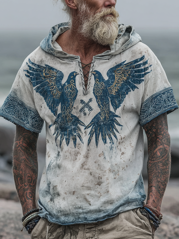 Men's Viking Inspired Hugin&Munin Totem Short Sleeve Hoodie / Rvogue / Rvogue