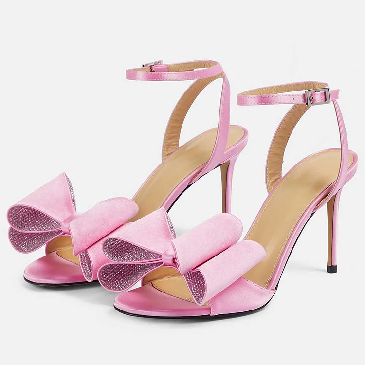 Pink Satin Open Toe Bow Crystal Ankle Strap Heeled Sandals for Women |FSJ Shoes