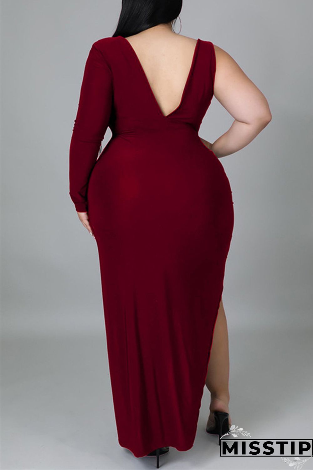 Black Fashion Casual Solid Hollowed Out Slit V Neck Long Sleeve Plus Size Dresses