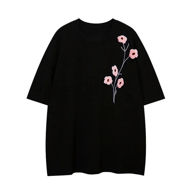 3D Blossom Embroidery Round Collar Loose T-shirt  - Modakawa modakawa