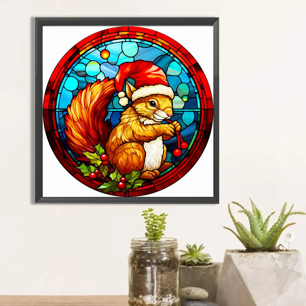 Diamond Painting - Full Round Drill - Stained Glass Xmas Squirrel(Canvas|40*40cm)