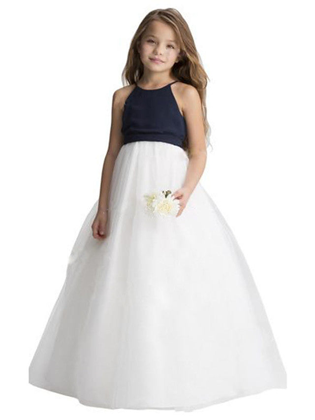 Oknass A-Line Sleeveless Jewel Neck Flower Girl Dresses Tulle With Ruching