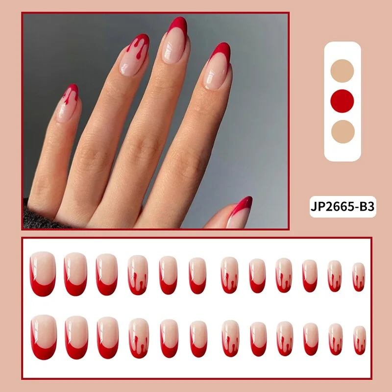 24pcs Point Head False Nails Tips Press On Nail with Heart Print Design Girl DIY Nail Patch Removable French Style Fake Nails-Nail Inspo