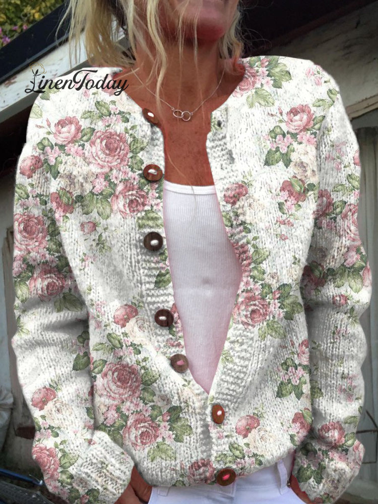 Fresh Pink Roses Print Buttoned Cardigan Sweater Multicolor / S