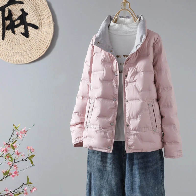 Woherb Autumn And Winter New Standing Collar Recreational White Duck Velvet Thin Pressure Glue Down Jacket Female Short Money Loose All-Match Coat Tide-Outfit Ideas