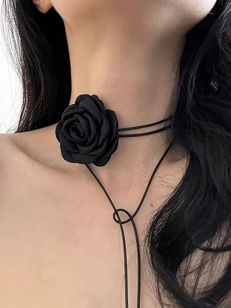 Fashion Rose Floral Long Ribbon Rope Choker Necklace