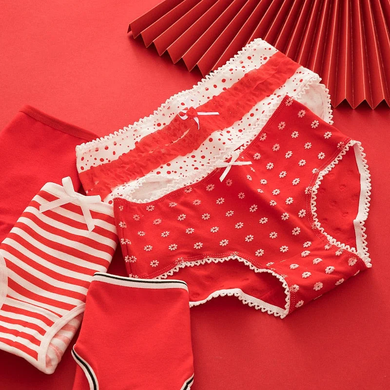 Red Women's Underwear Panties Lace Seamless Underpants Girls Cotton Soft Comfort Briefs Mid Waist Lingerie Panties For Female