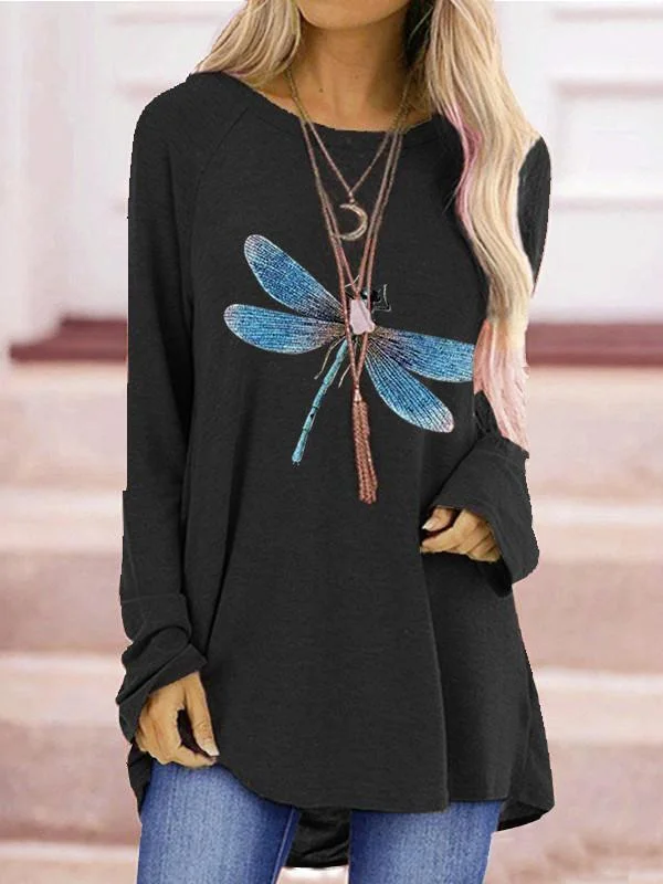 Dragonfly print loose round neck long sleeve T-shirt ladies