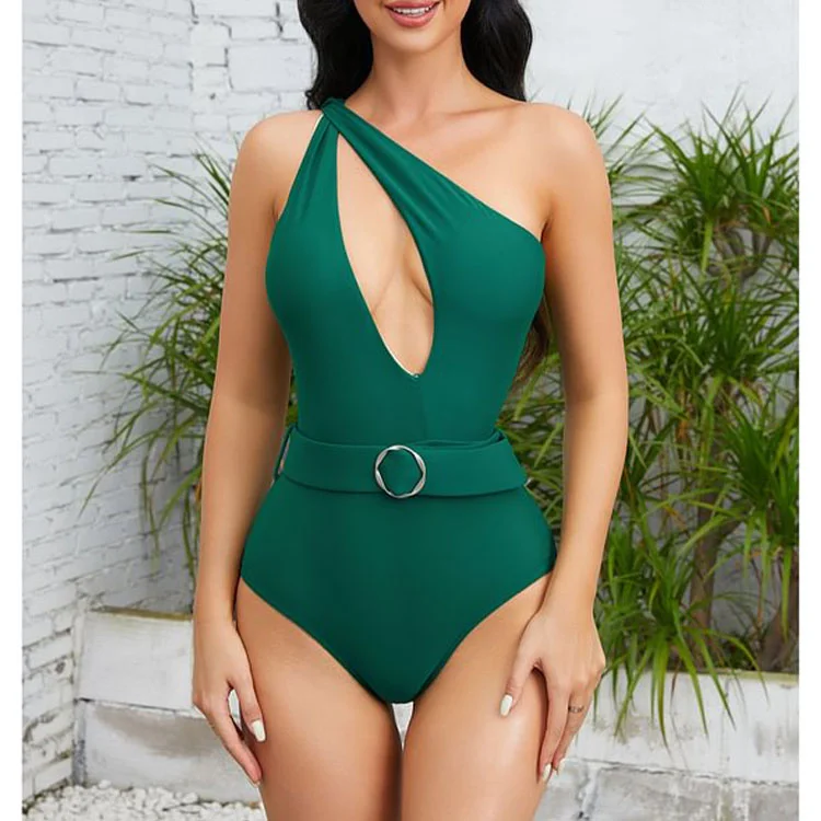 Flaxmaker Emerald Lconic One Shoulder Cut Out Belt One Piece Swimsuit and Sarong