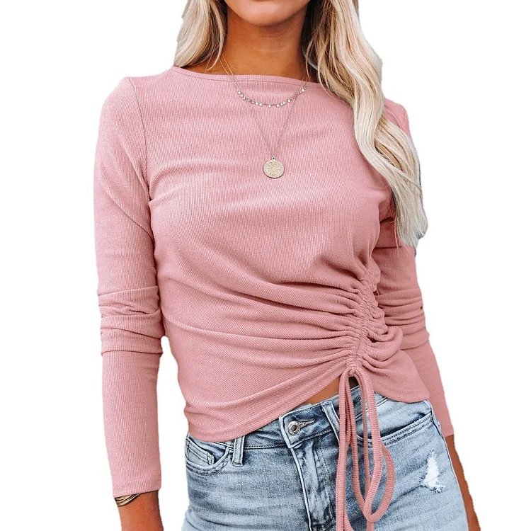 Women Drawstring Core Spun Yarn Solid Color Top Knitted Pullover Sweater
