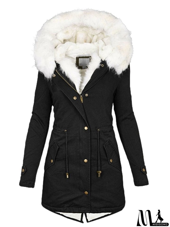 MidiSono - Female Thick Warm Plush Mid Length Hooded Coats