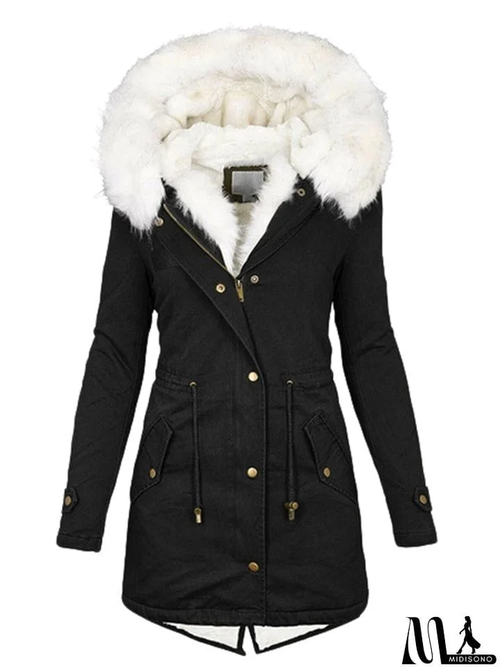 Female Thick Warm Plush Mid Length Hooded Coats