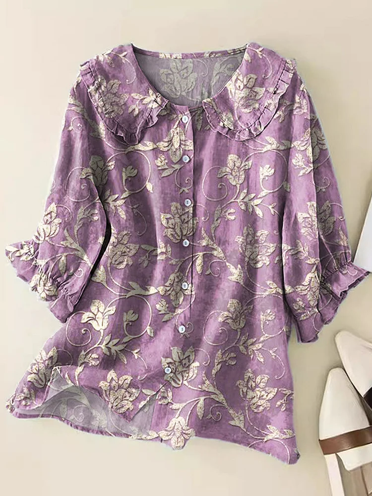Women Lovely Floral Pattern Art Print Loose Peter Pan Collar Half Sleeve Blouses