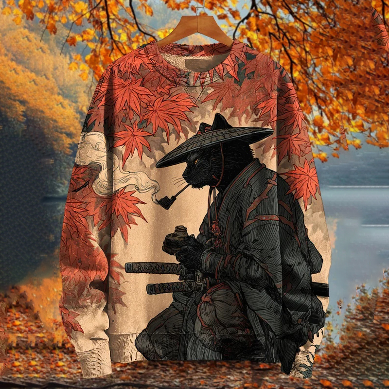 Men's Black Cat Smoking A Pipe Fall Vibe Maple Leaves Art Print Casual Sweatshirt  artssus