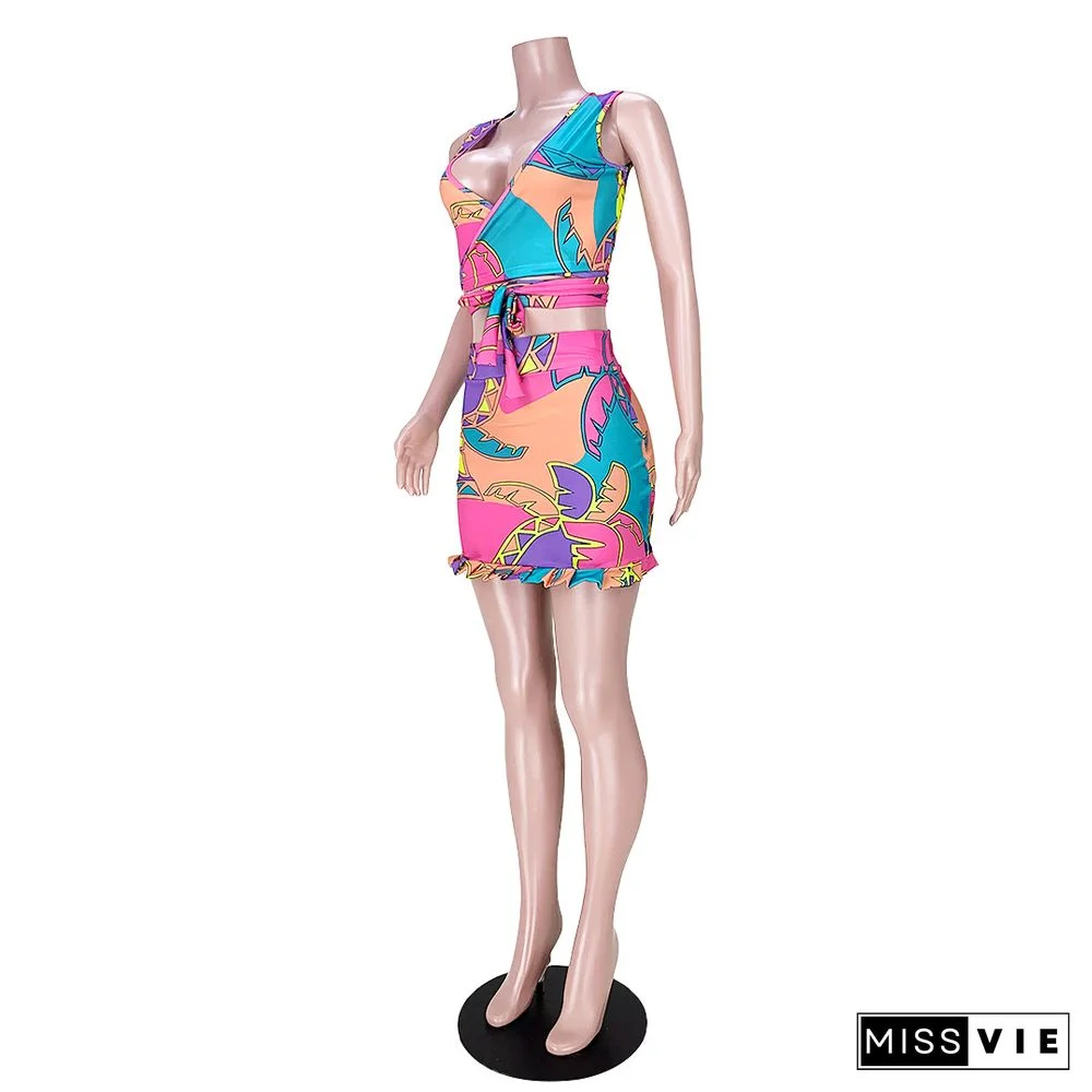 Women Streetwear Fashion Summer Print Bandage Crop Top Mini Skirt Party Clubwear Two Piece Set