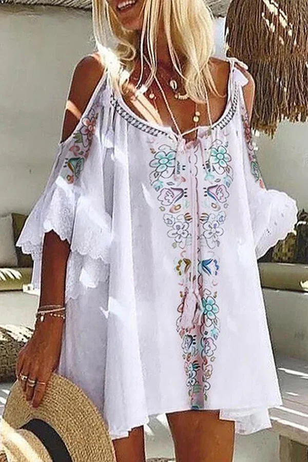 Ethnic Printed Bohemian Linen And Cotton Blend Mini Dress