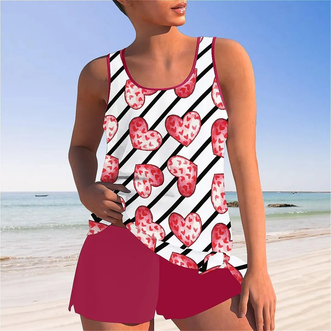 Bowknot Heart,Love,Valentine's Day Mid Waisted Tankini Set - Plus Size Available