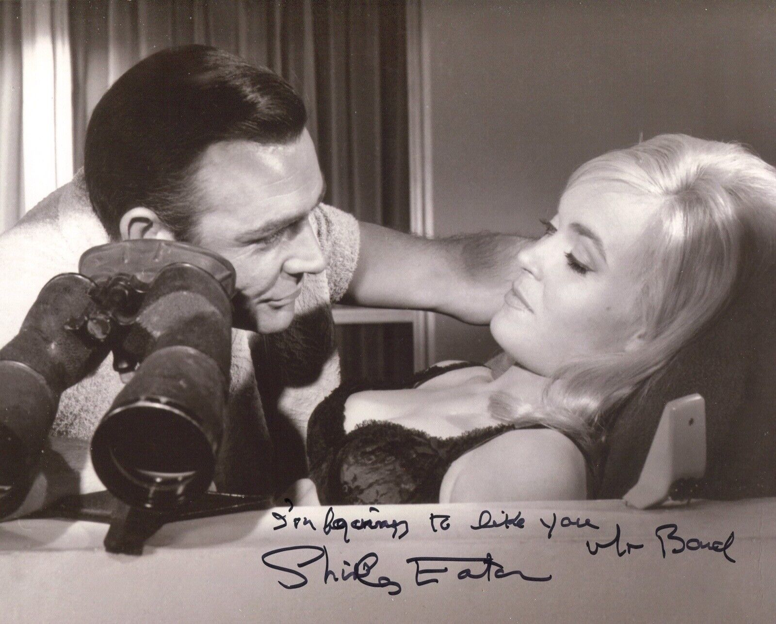 Shirley Eaton signed “I’m beginning to like you Mr Bond” GOLDFINGER Photo Poster painting No5