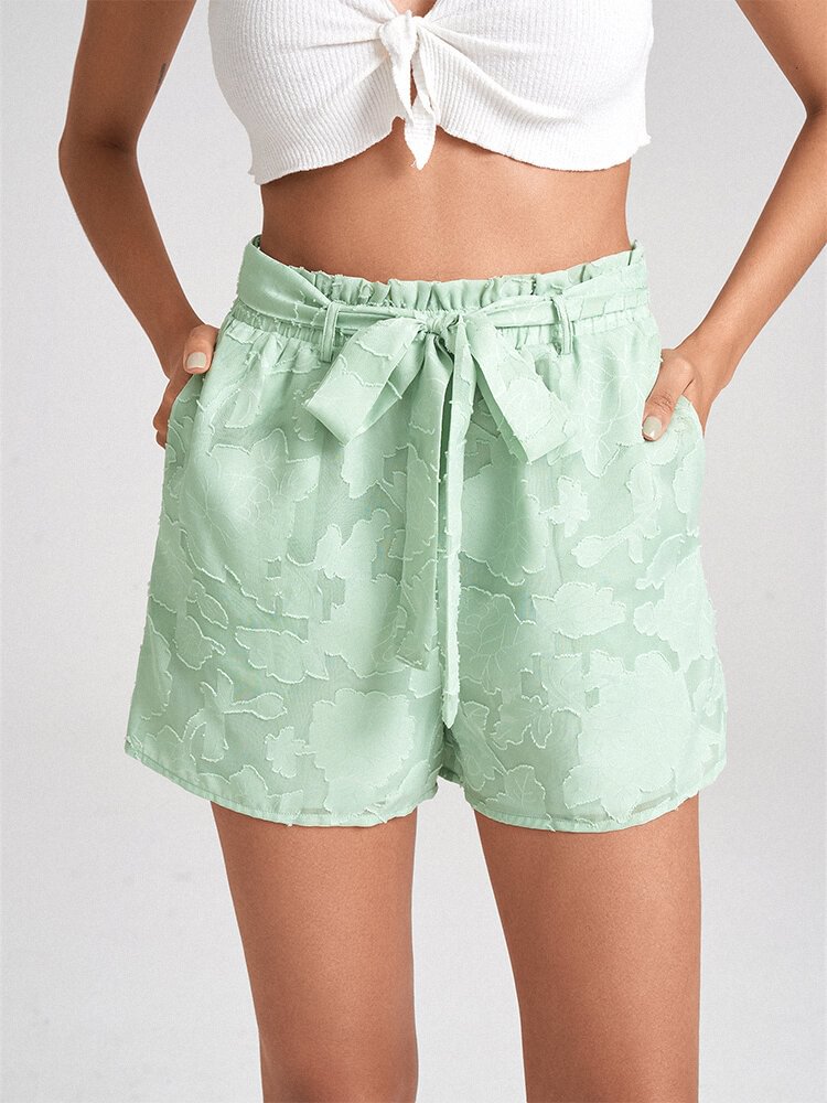 Flower Jacquard Elastic Waist Shorts With Belt - Shop Trendy Women's Fashion | TeeYours