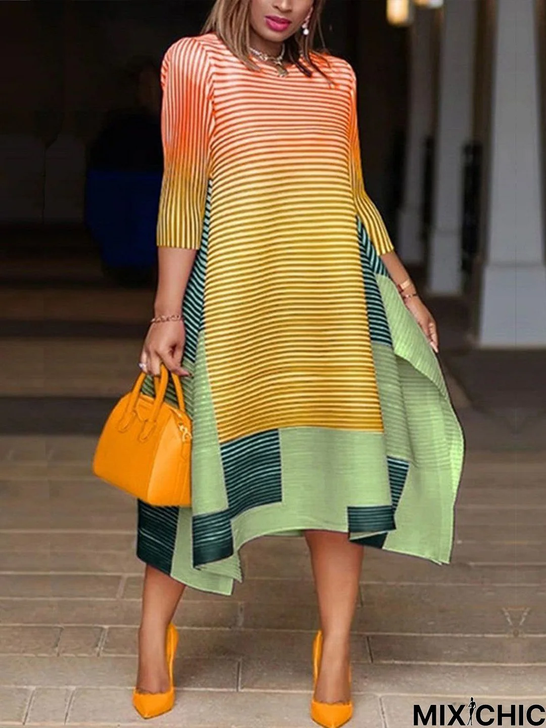 Crew Neck Three Quarter Striped  Printed Dress