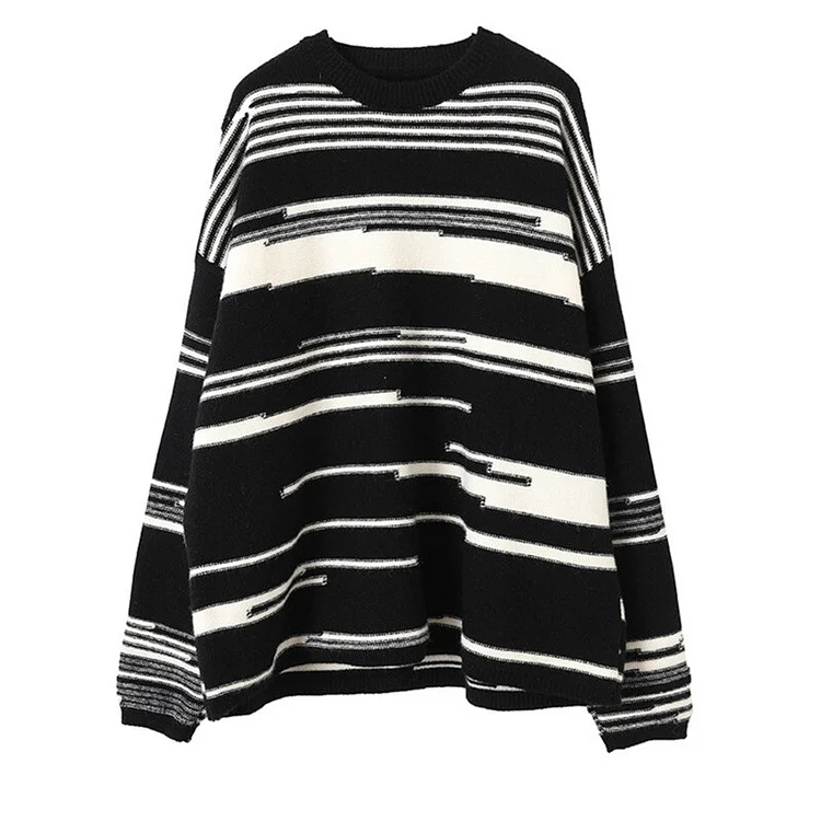 Simple Loose Round Neck Irregular Striped Long Sleeve Knitted Sweater 