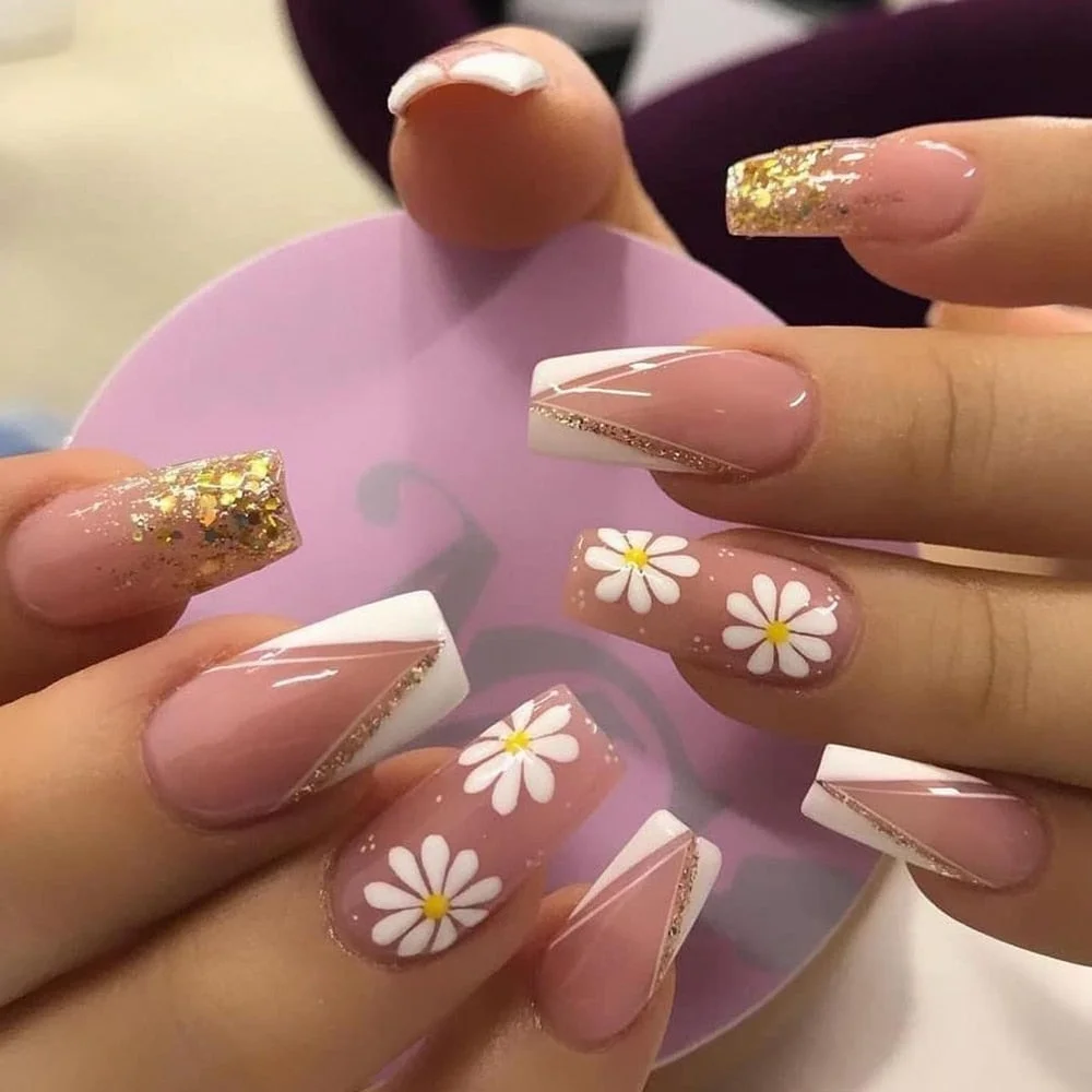 24pcs/Set French False Nails Pretty White Flower Pattern Gold Glitter Ballerina Nail Art Tips with Design Sticker Press on Nails