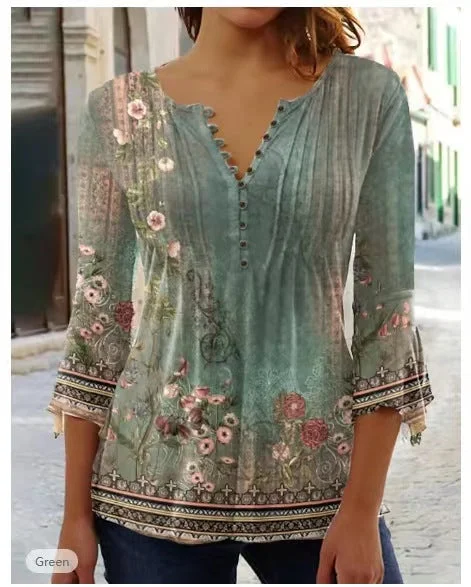 Uveng Wear Floral Printed V-neck Sleeve Pleated Blouses