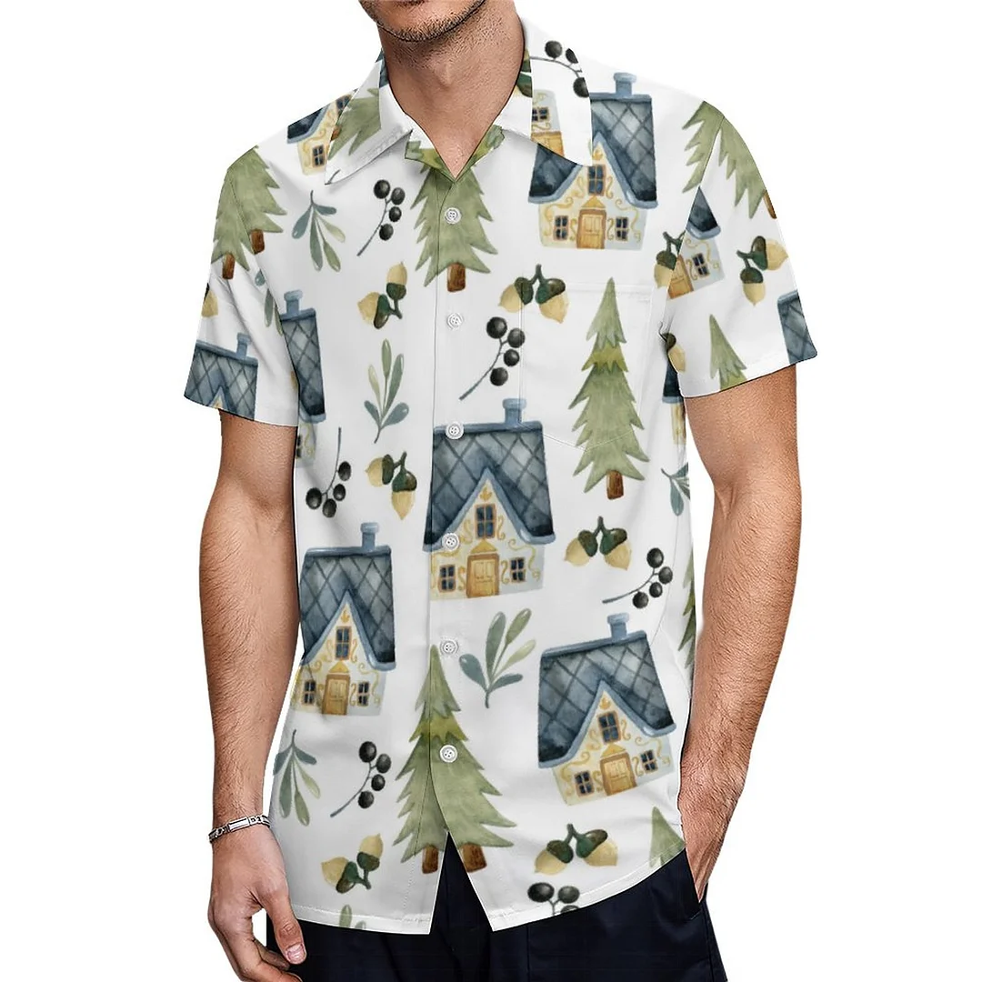 Watercolor Cozy Christmas Tree House Hawaiian Shirt Mens Button Down Plus Size Tropical Hawaii Beach Shirts