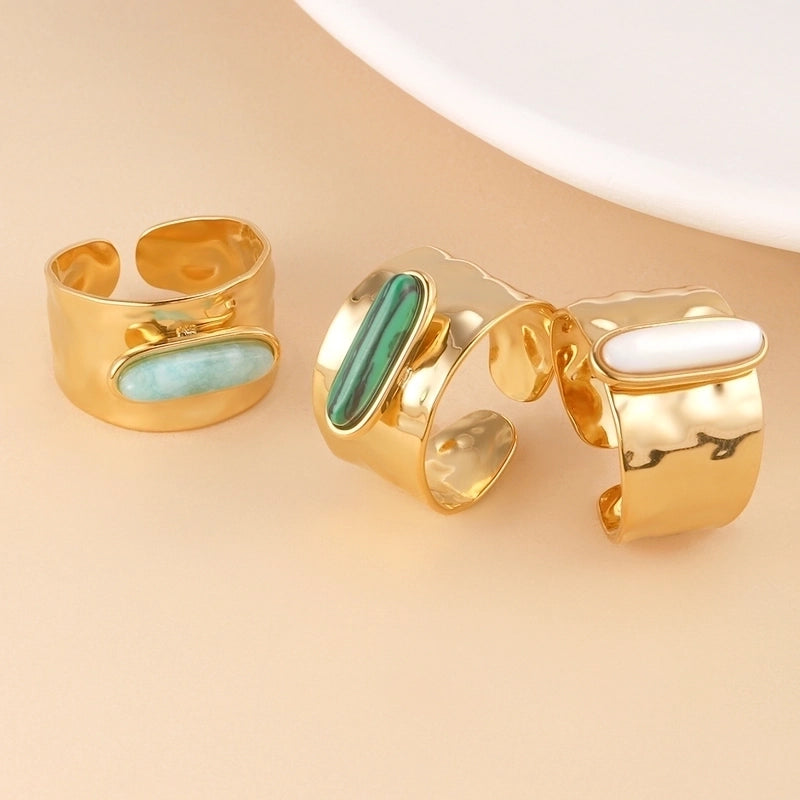 Retro Oval 304 Stainless Steel Stone 14K Gold Plated Inlay Open Rings