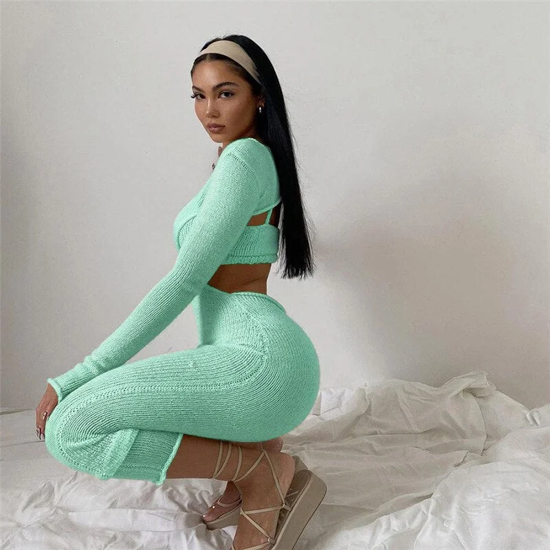 Knitted Sweater 2 Piece Set Suit Women Sexy Bacless Long Sleeve Maxi Bodycon Dress And Spaghetti Strap Cropped Top Outfits Set