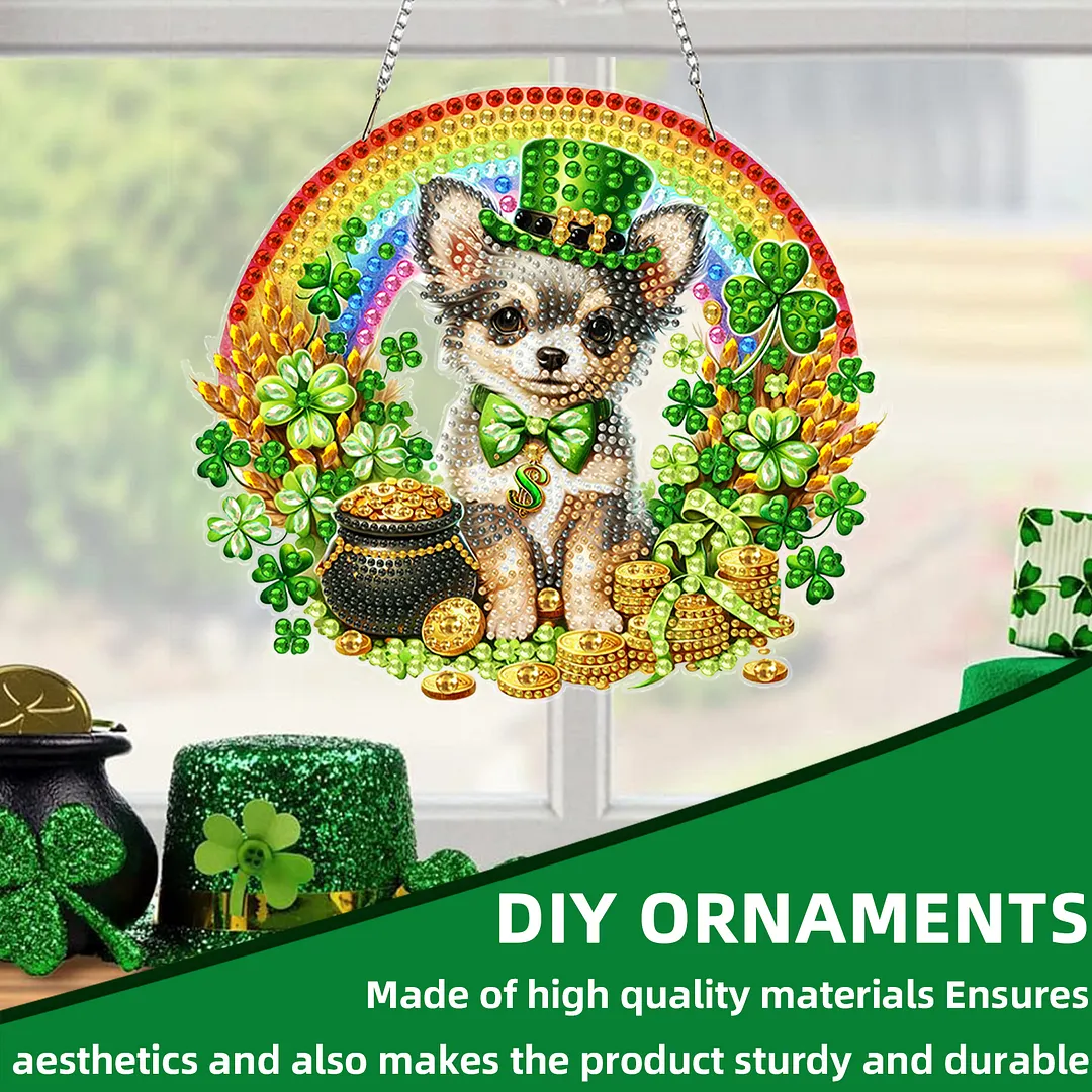 St Patricks Day Dog DIY 2D Flat Acrylic Diamond Painting Kits 5D Diamond Art Painting Window Pendants for Home Garden Wall Decoration