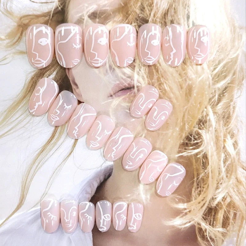 24pcs fake short nails with glue Human Face Printed Nail Patch Round Head  Flesh Pink Removable Paragraph Manicure free shipping-Nail Inspo