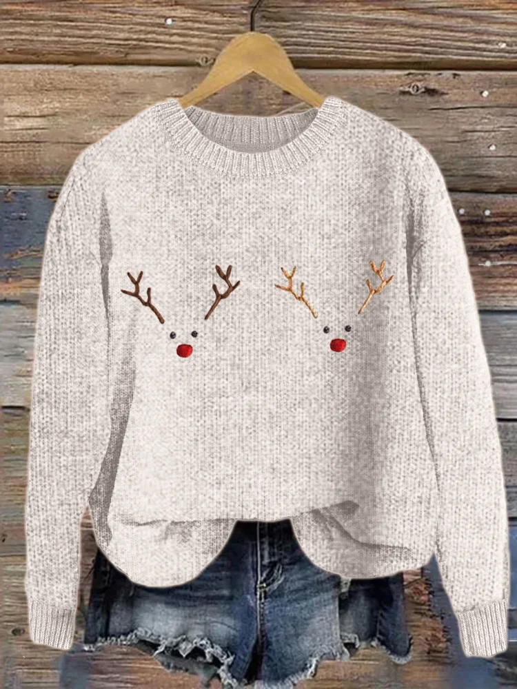 Christmas Reindeer Faces Embroidery Cozy Knit Sweater