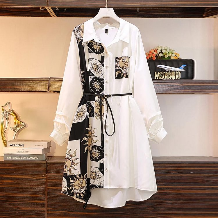 Chic Print Lapel Belted Loose Dress - Modakawa modakawa