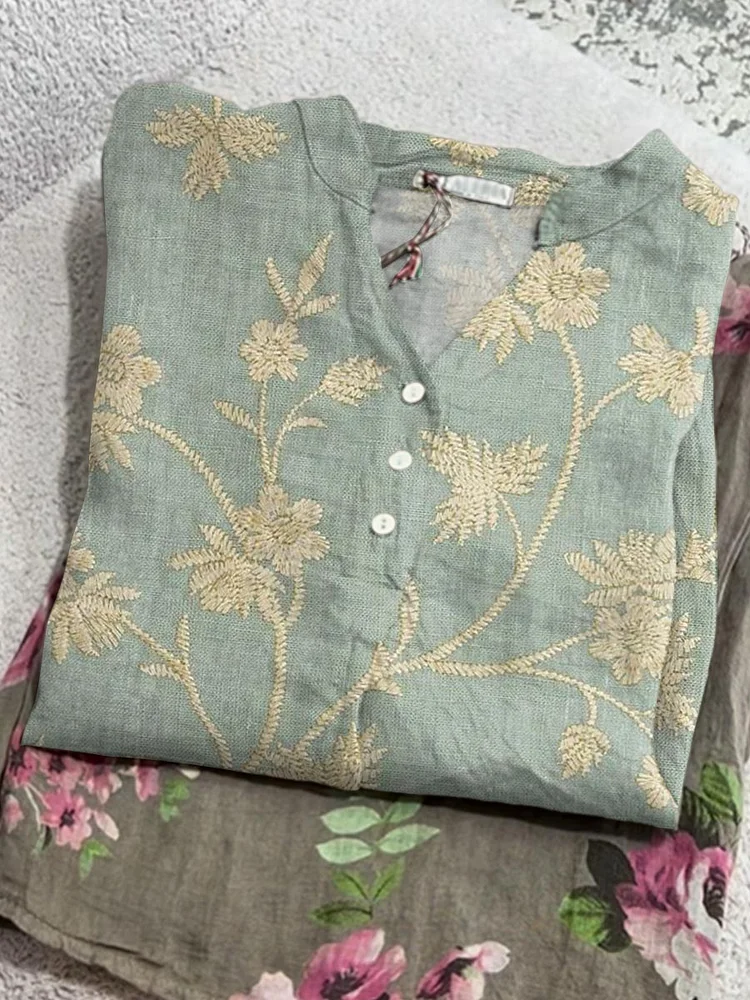 Women's Vintage Floral Art Print Casual Cotton And Linen Shirt